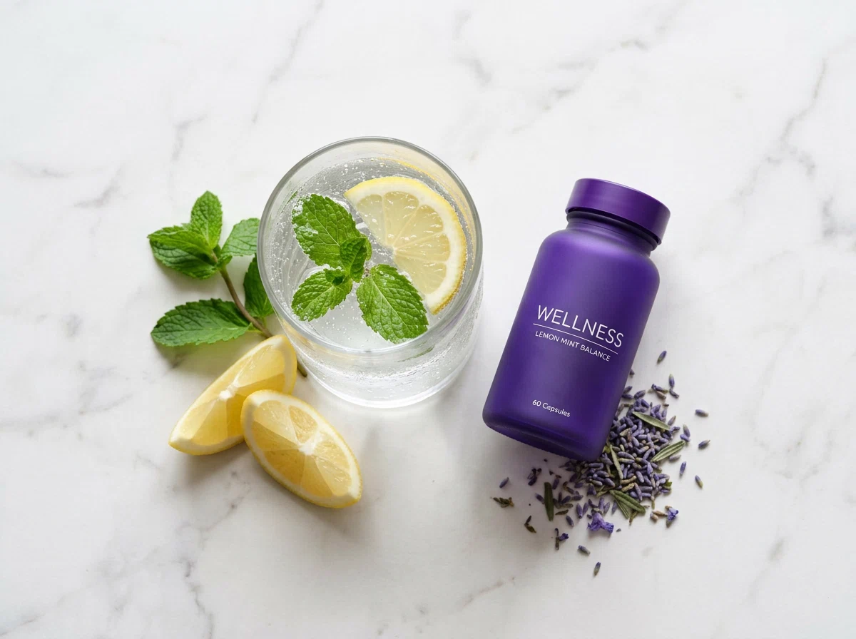 Ozalyn supplement fles naast glas water - dagelijks gebruik voedingssupplement